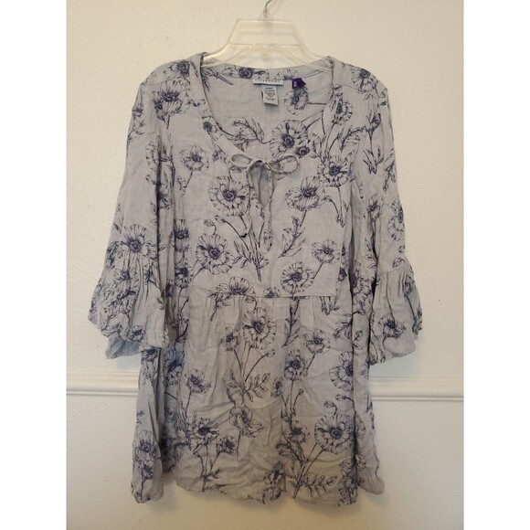 Catherines Peasant Tunic Blouse Gray Floral  Boho Top Rayon 14/16WP Bell Sleeve - Picture 1 of 16